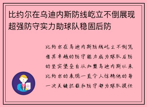 比约尔在乌迪内斯防线屹立不倒展现超强防守实力助球队稳固后防