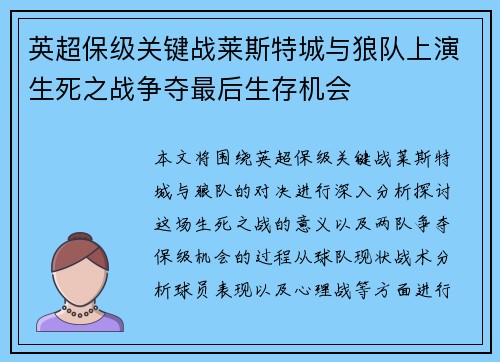 英超保级关键战莱斯特城与狼队上演生死之战争夺最后生存机会