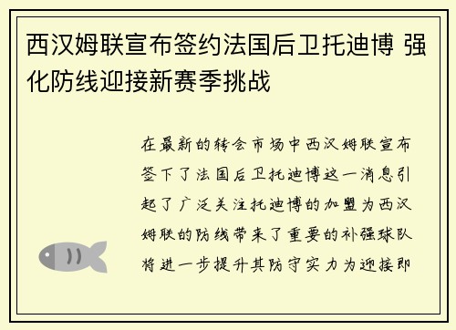 西汉姆联宣布签约法国后卫托迪博 强化防线迎接新赛季挑战