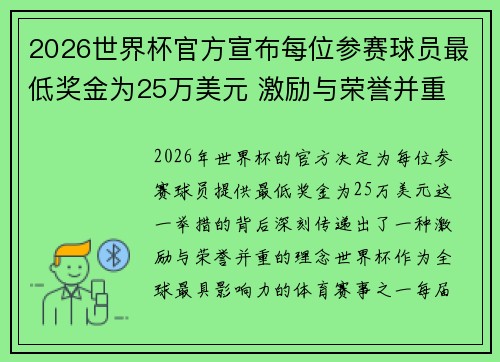 2026世界杯官方宣布每位参赛球员最低奖金为25万美元 激励与荣誉并重 2026世界杯官方宣布每位参赛球员最低奖金为25万美元 激励与荣誉并重